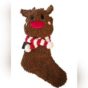 FAO SCHWARZ Reindeer Stocking Curly With Red And White Scarf And Red Nose